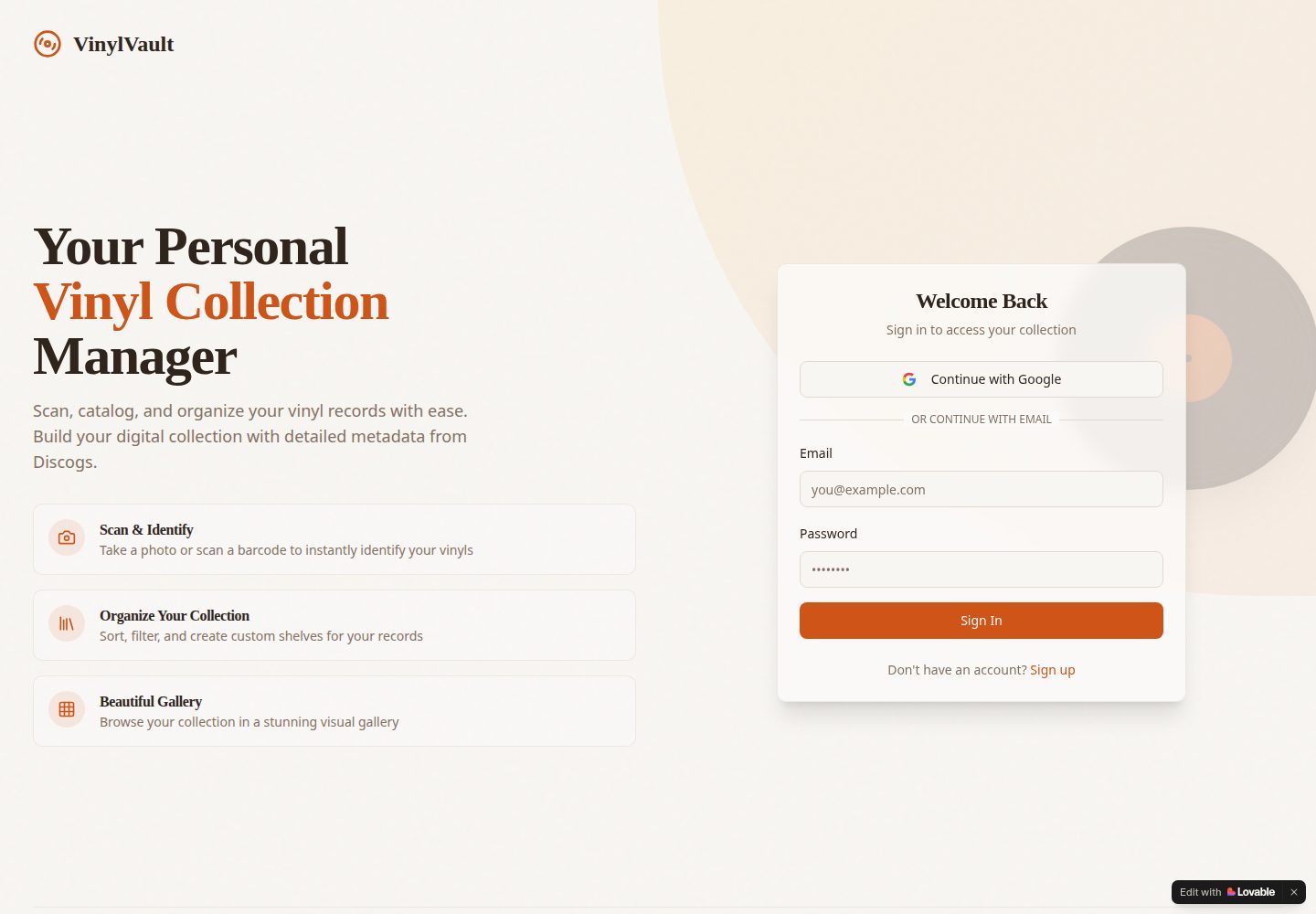 VinylVault public website screenshot