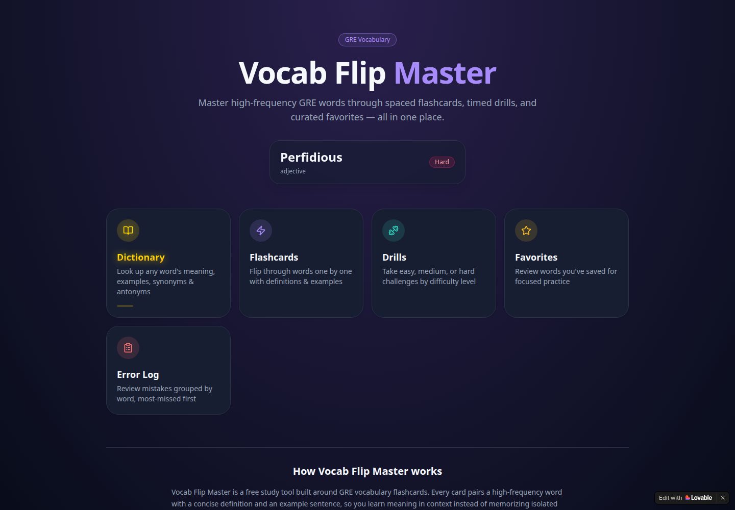 Vocab Flip Master public website screenshot