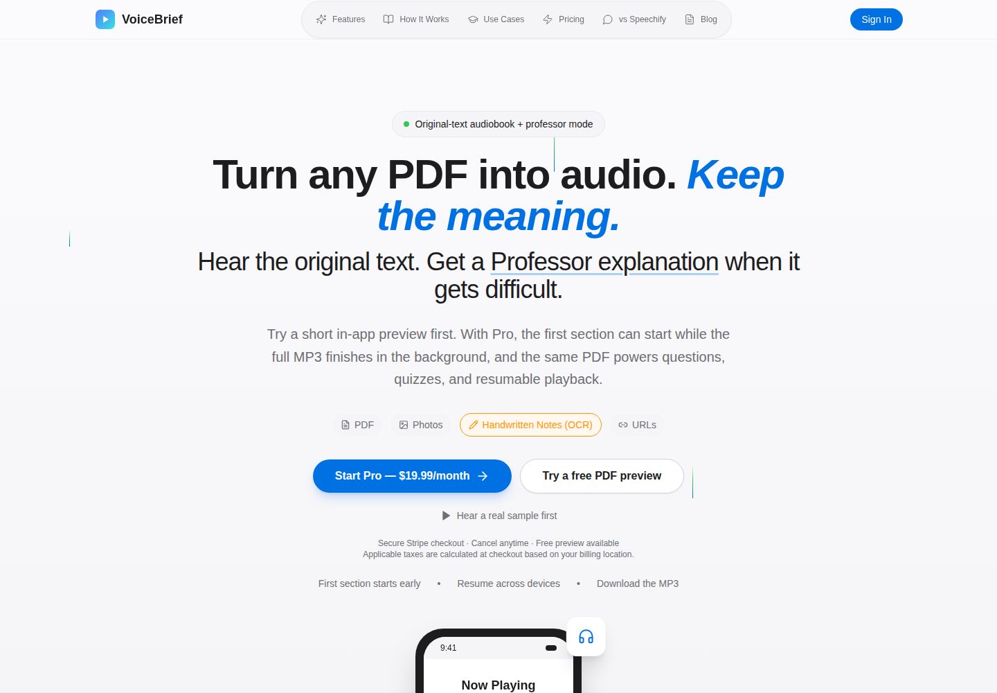 VoiceBrief public website screenshot