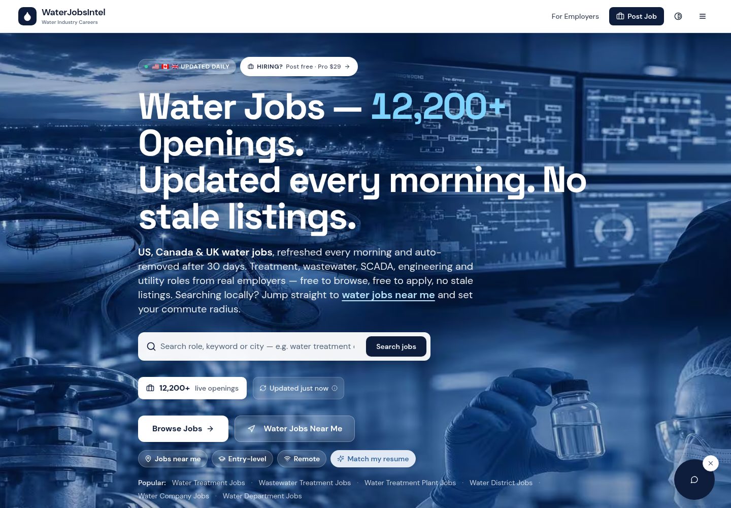 WaterJobsIntel public website screenshot