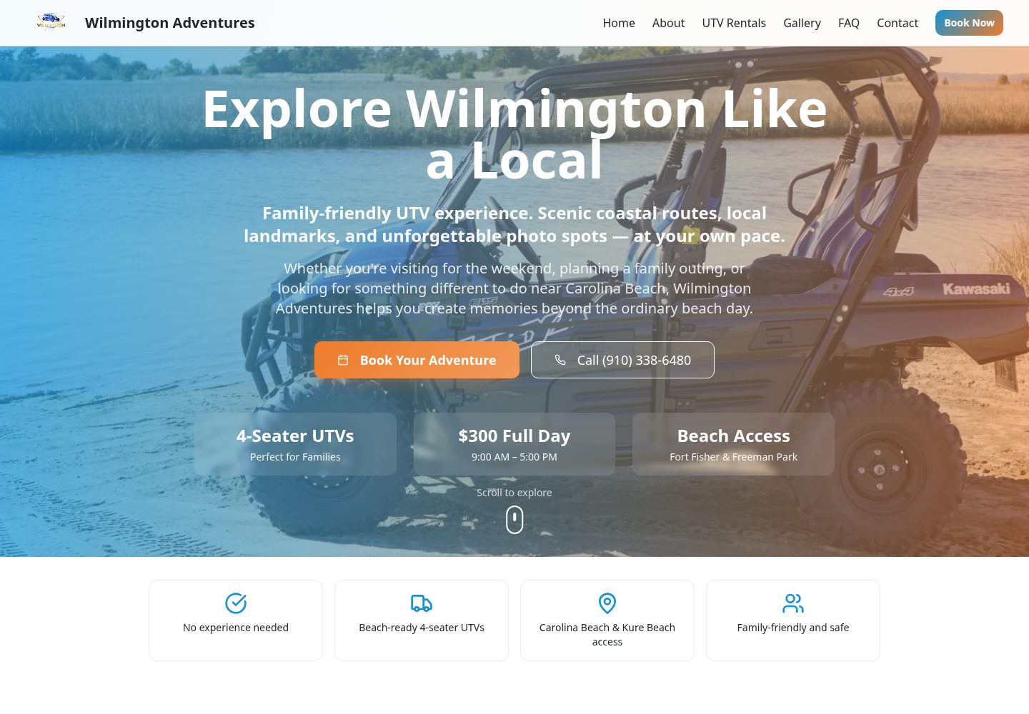 Wilmington Adventures public website screenshot
