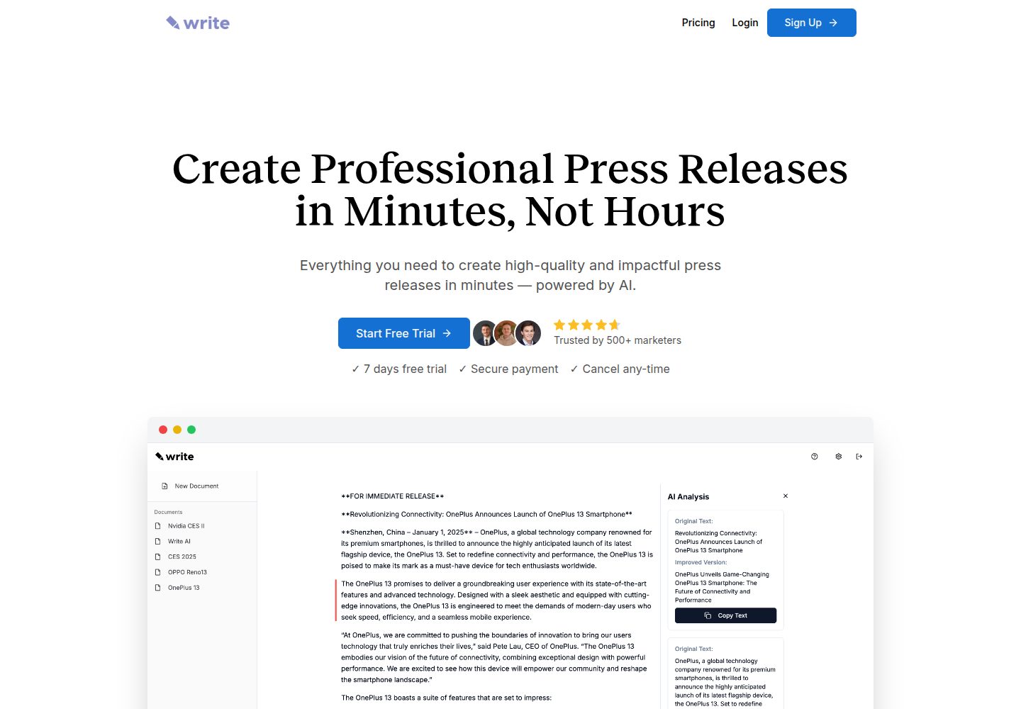 Write AI public website screenshot