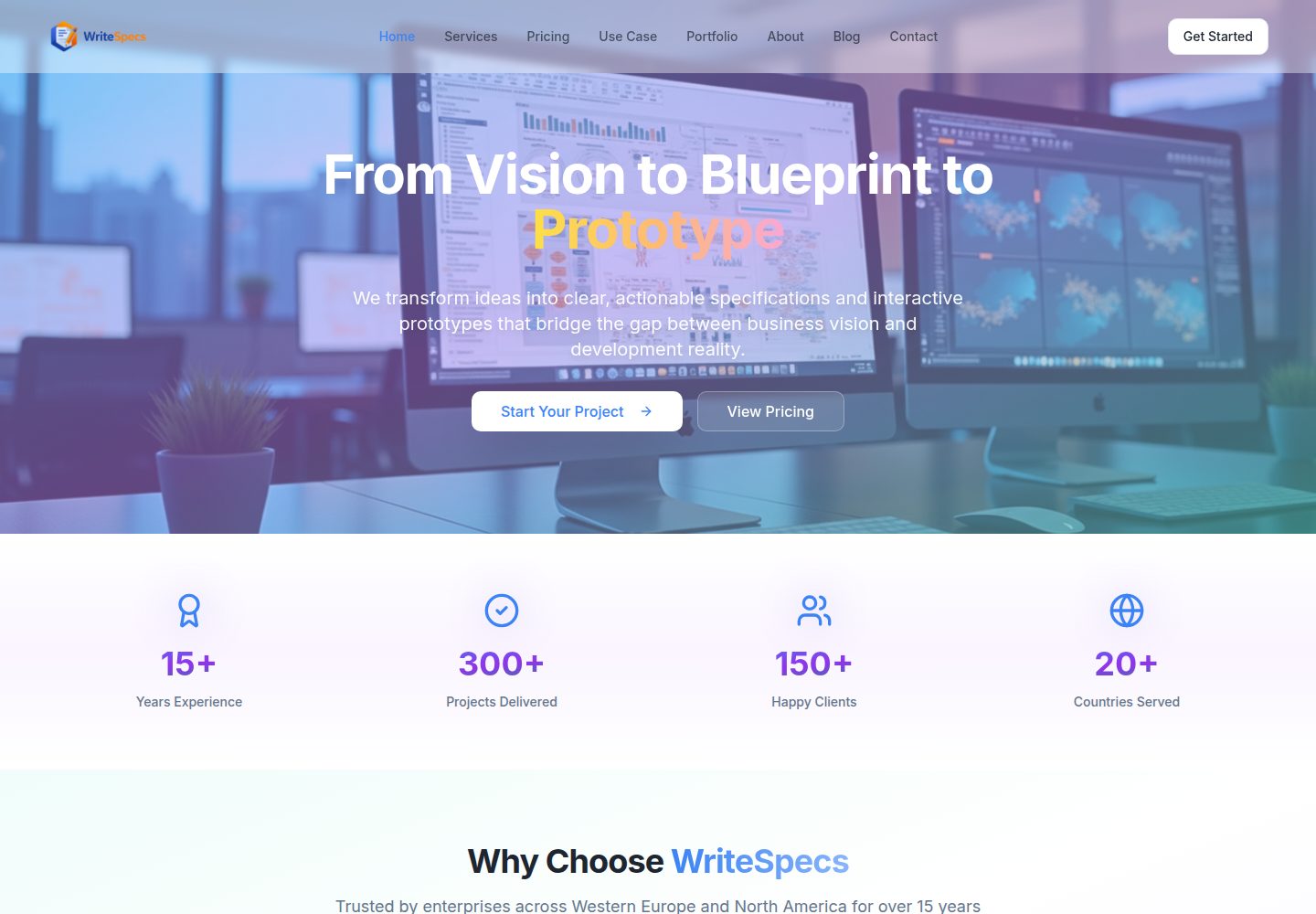 WriteSpecs public website screenshot