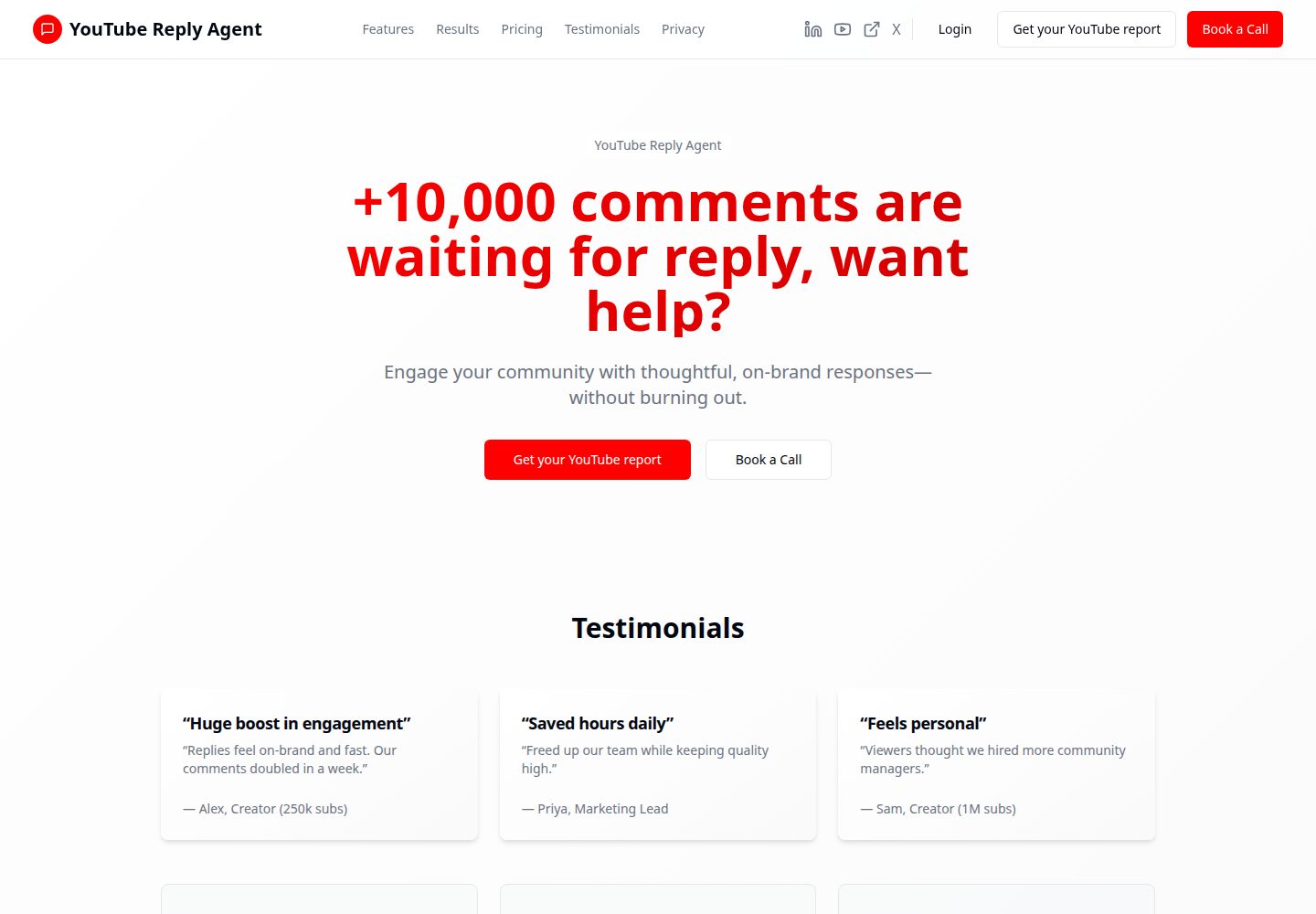 YouTube Reply Agent public website screenshot